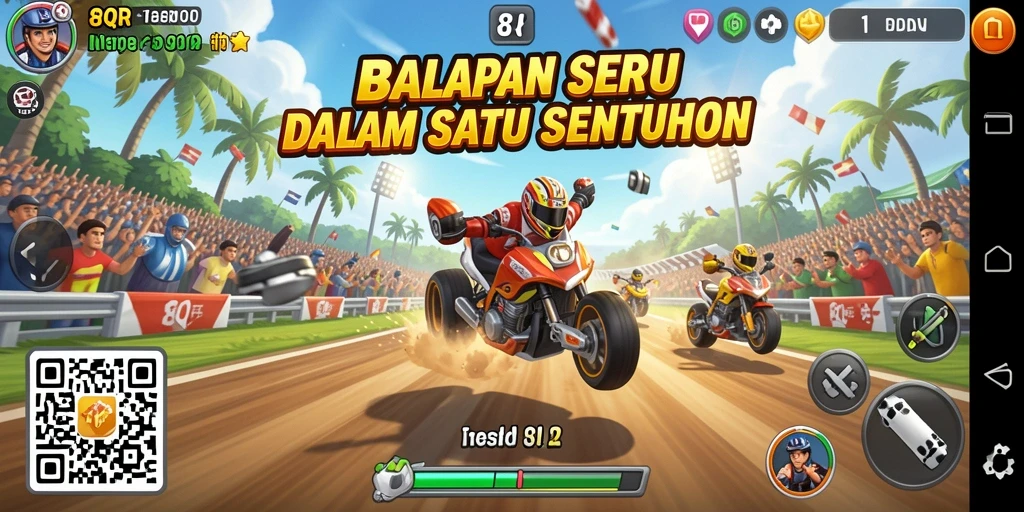 Tangkapan layar gameplay 8QR menampilkan balapan mendebarkan di lintasan.