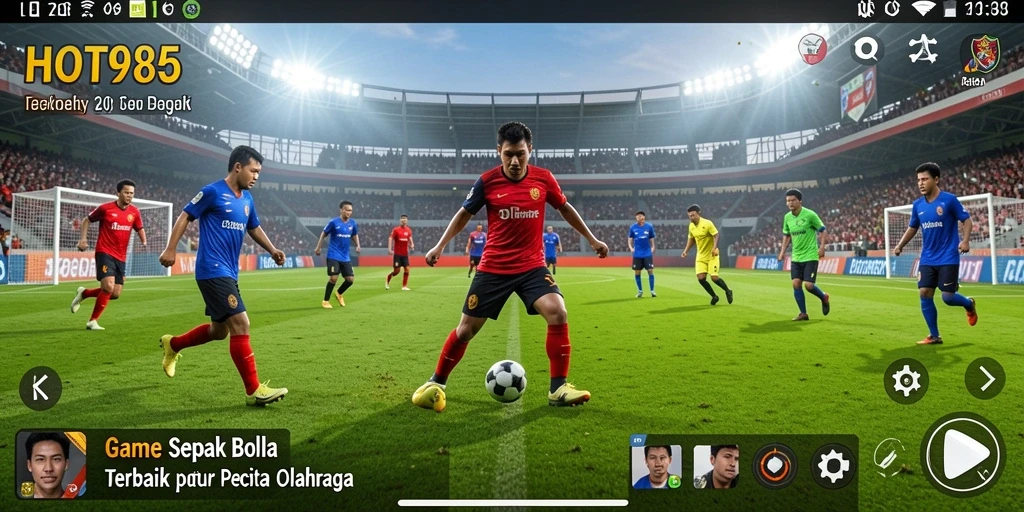 Screenshot HOT985 menampilkan aksi seru dalam gameplay sepak bola.