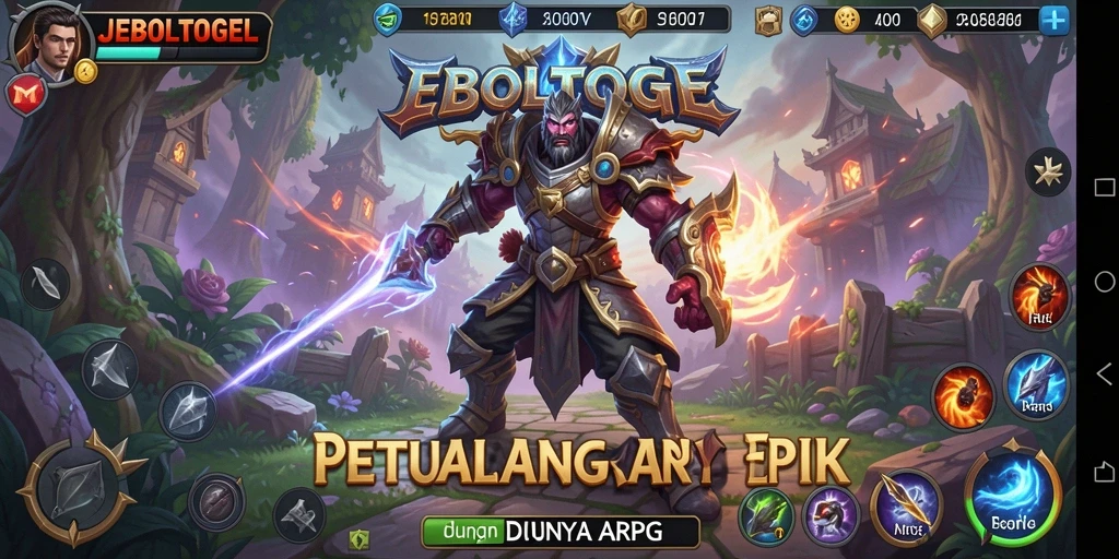 Screenshot gameplay JEBOLTOGEL menampilkan pertarungan epik di dunia fantasi.