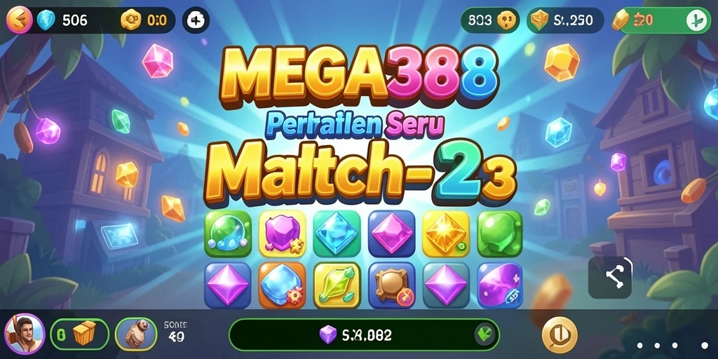 Screenshot utama MEGA388 menunjukkan gameplay match-3 yang seru dan penuh warna.