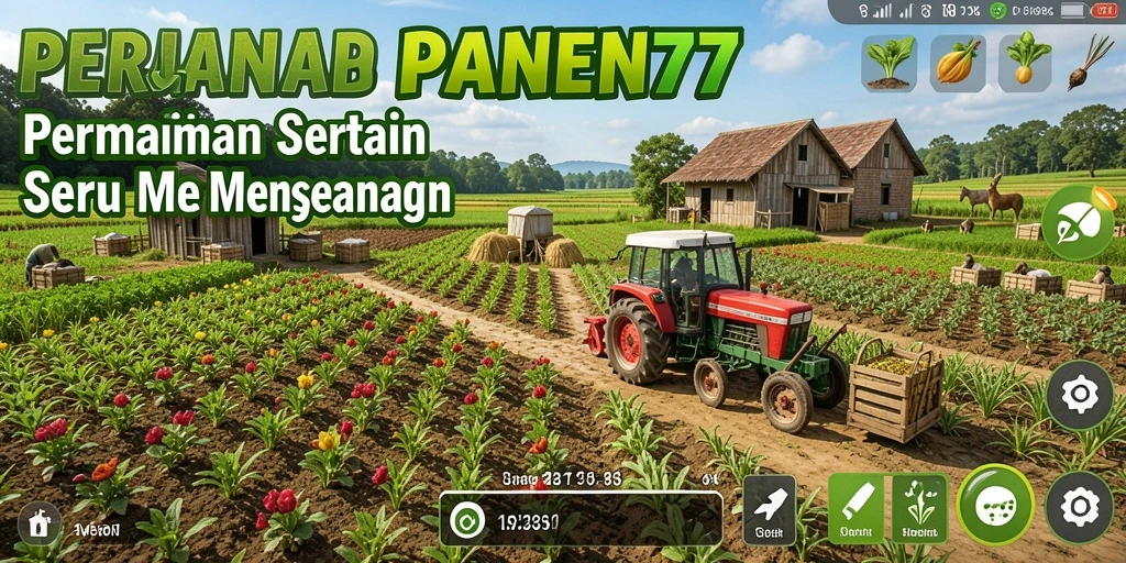 Screenshot gameplay PANEN77 menampilkan ladang indah dan aktivitas bertani.