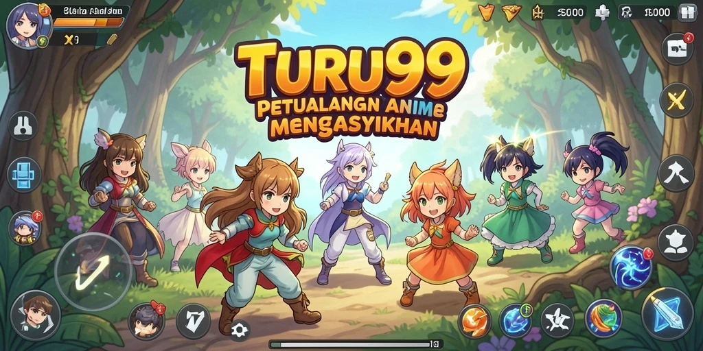 Tangkapan layar gameplay TURU99 yang menampilkan pertarungan karakter anime.